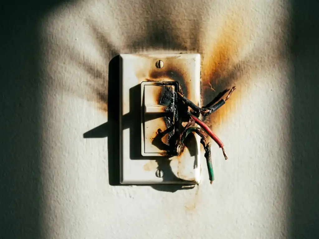 Verbrande dimmer schakelaar met gesmolten bedrading en schroeiplekken op witte muurplaat.