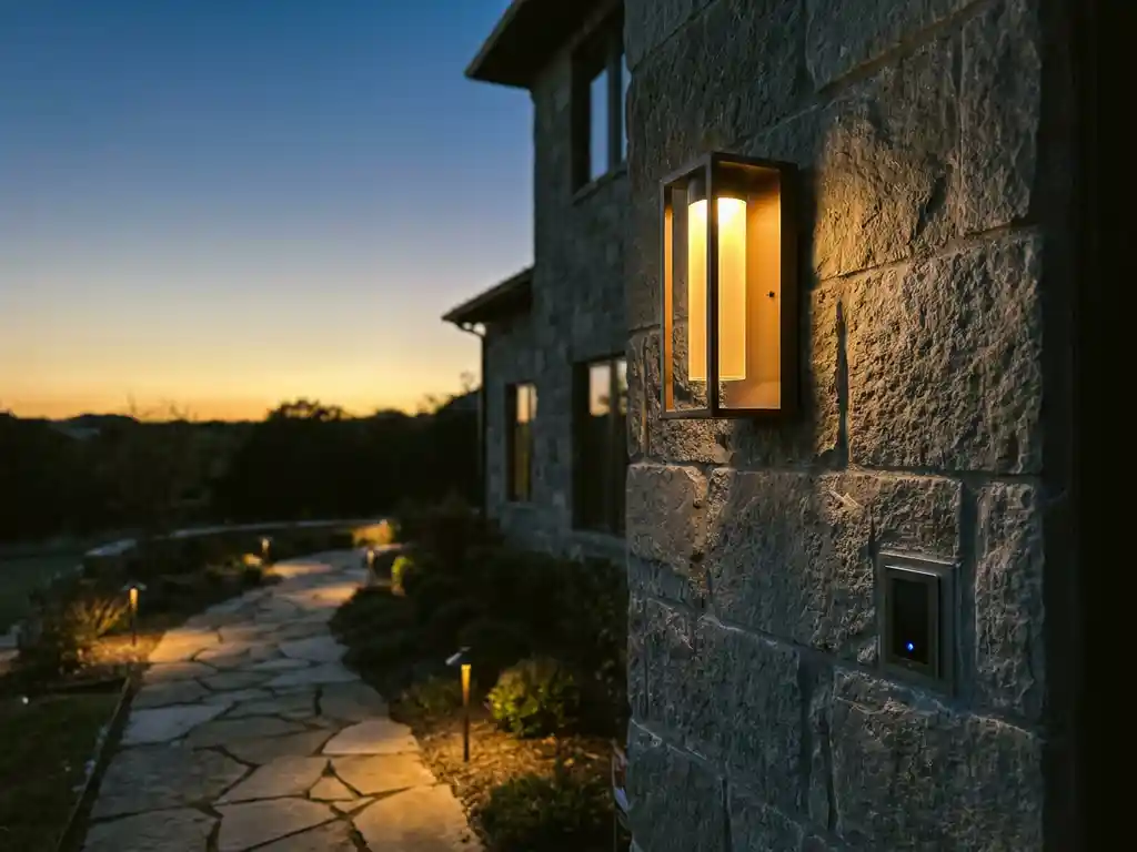 Moderne buitenwandlantaarn met warm amberkleurig licht op stenen gevel bij schemering, met slim dimmer paneel en verlicht tuinpad.