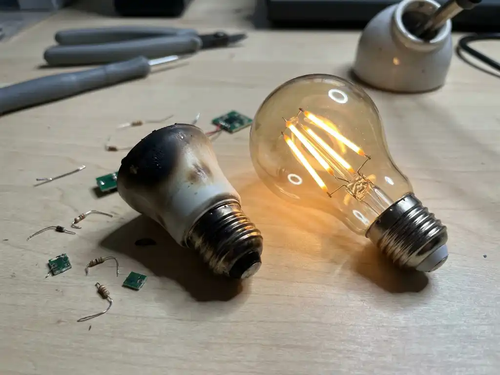 Uitgebrande LED-lamp met schroeiplekken op de fitting naast een werkende gloeiende LED-lamp op een wit werkblad.