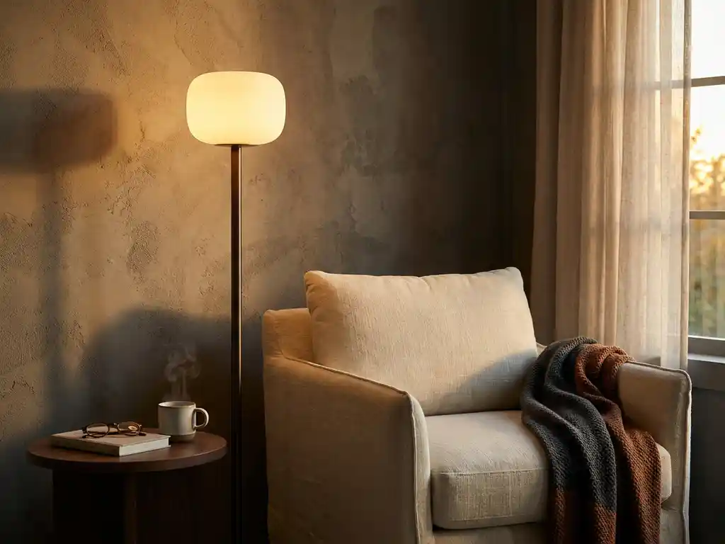 Dimbare LED-lamp met warm amber licht boven een linnen fauteuil en houten bijzettafel met dampende mok in gezellige woonkamerhoek.