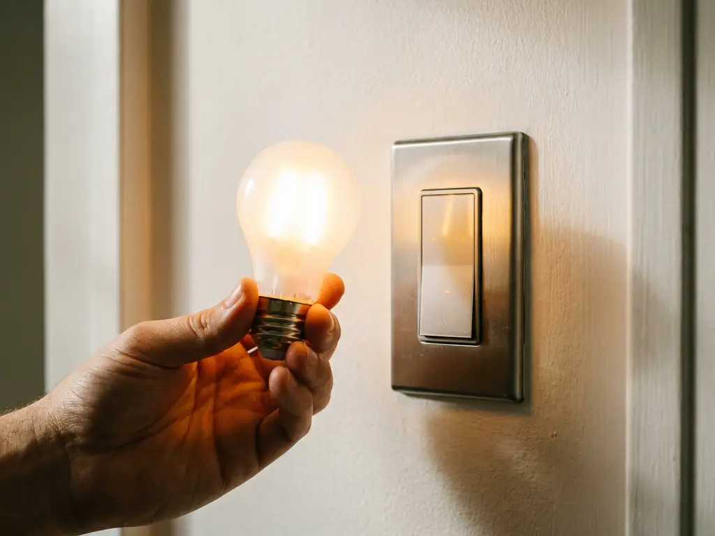 Dimbare LED-lamp naast digitale dimmerschakelaar op witte muur, warm amber licht met zachte schaduwen.