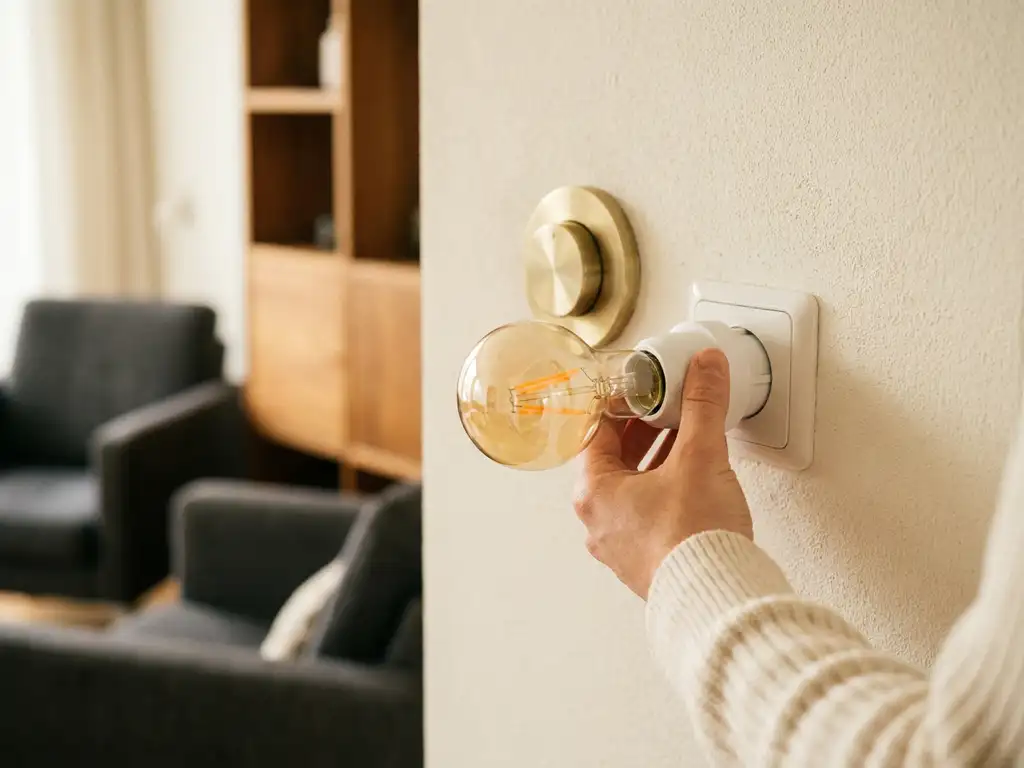 Dimbare LED-lamp die in een witte fitting wordt geschroefd, met warme ambergloed en slimme dimmerschakelaar op de achtergrond.
