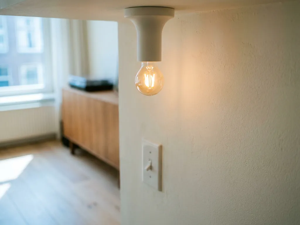 Dimbare LED-lamp op halve helderheid in wit plafondarmatuur, met wandschakelaar zichtbaar in modern Nederlands interieur.