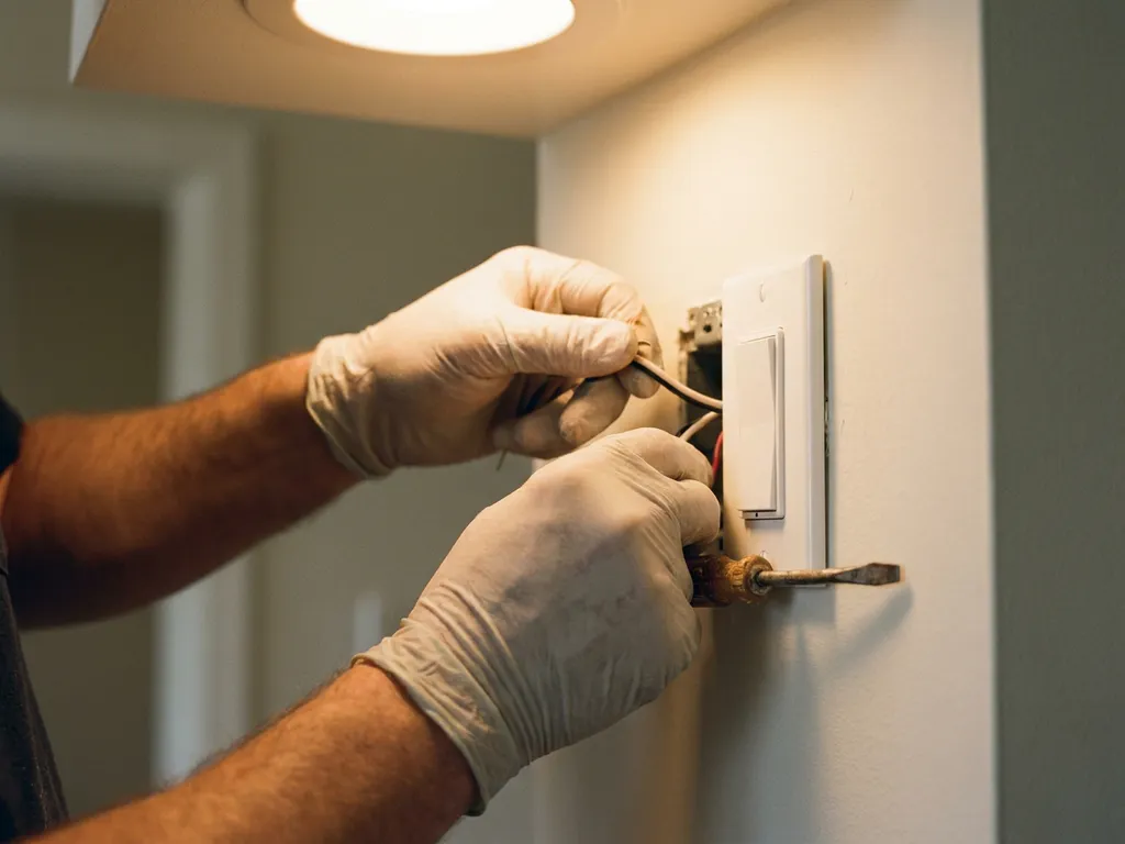 Handen die bedrading aansluiten achter een witte dimmerschakelaar, met een schroevendraaier op de rand en warm ledlicht op de achtergrond.