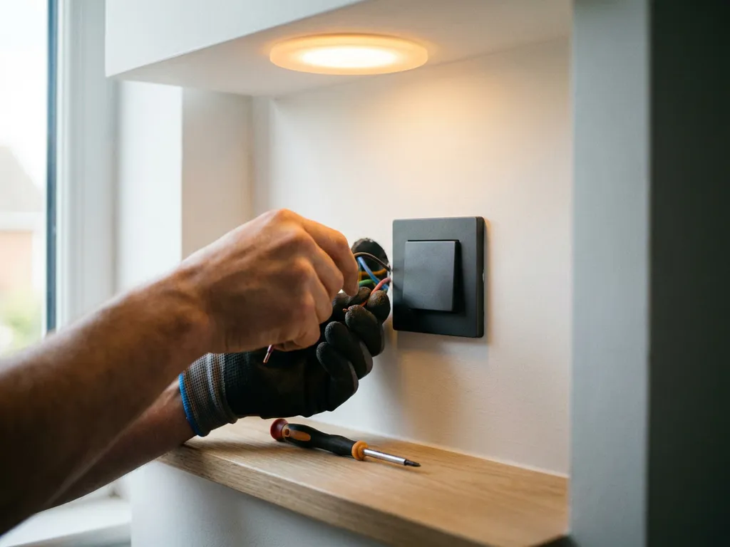 Handen die bedrading aansluiten achter een moderne dimmerschakelaar op witte muur, met dimbare LED-plafondlamp die warm licht verspreidt.
