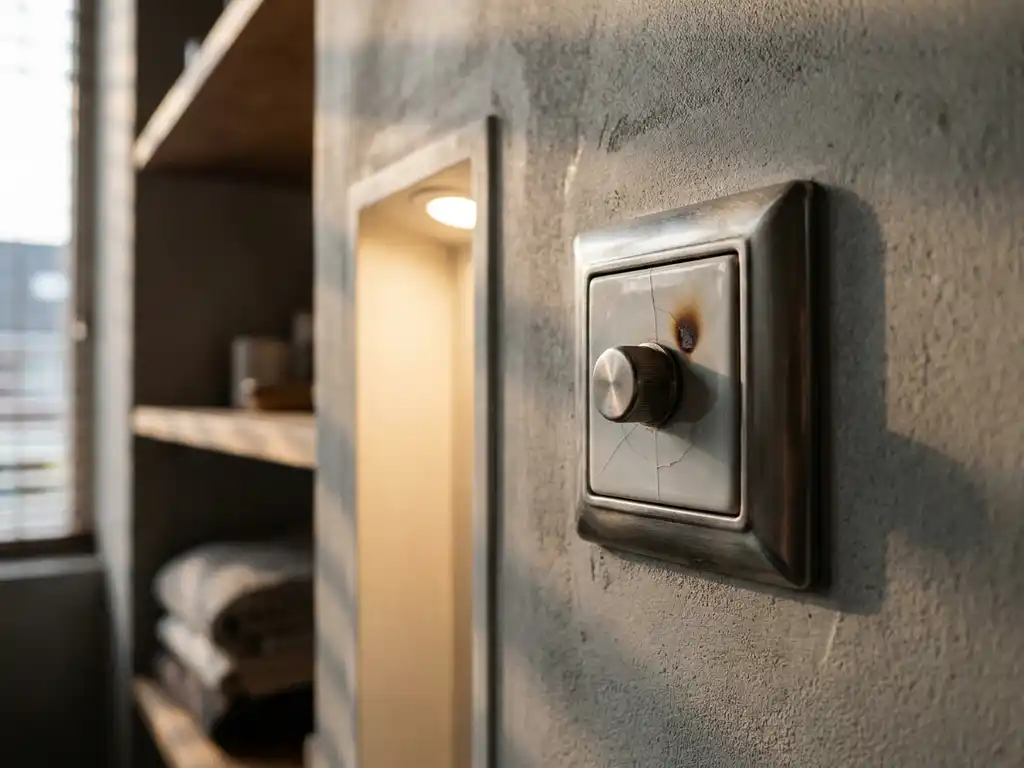Beschadigde dimmerschakelaar met gebarsten afdekplaat en brandspoor naast gloeiende LED-plafondlamp in modern interieur.