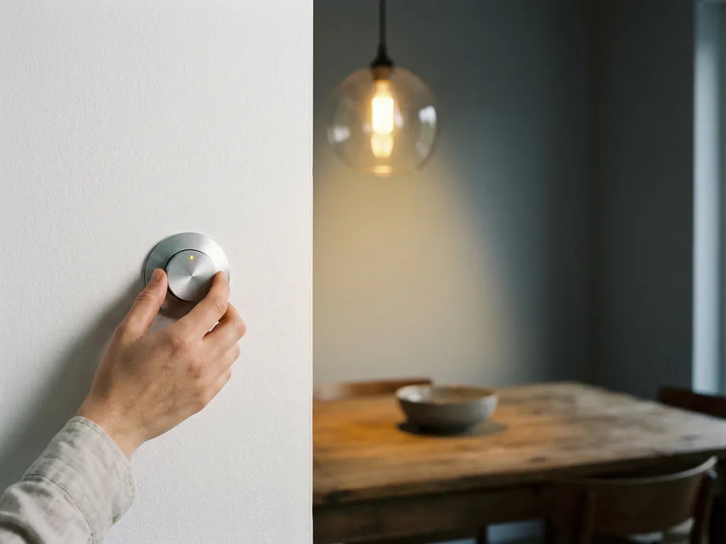 Moderne dimmerschakelaar op witte muur regelt warme hanglamp boven minimalistisch eettafel, gouden gloed met zachte schaduwen.