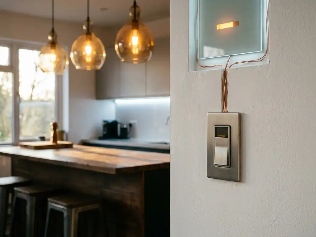 Digitale dimschakelaar op witte muur bedient koperen hanglampen boven modern keukeneiland met warm amberkleurig licht.