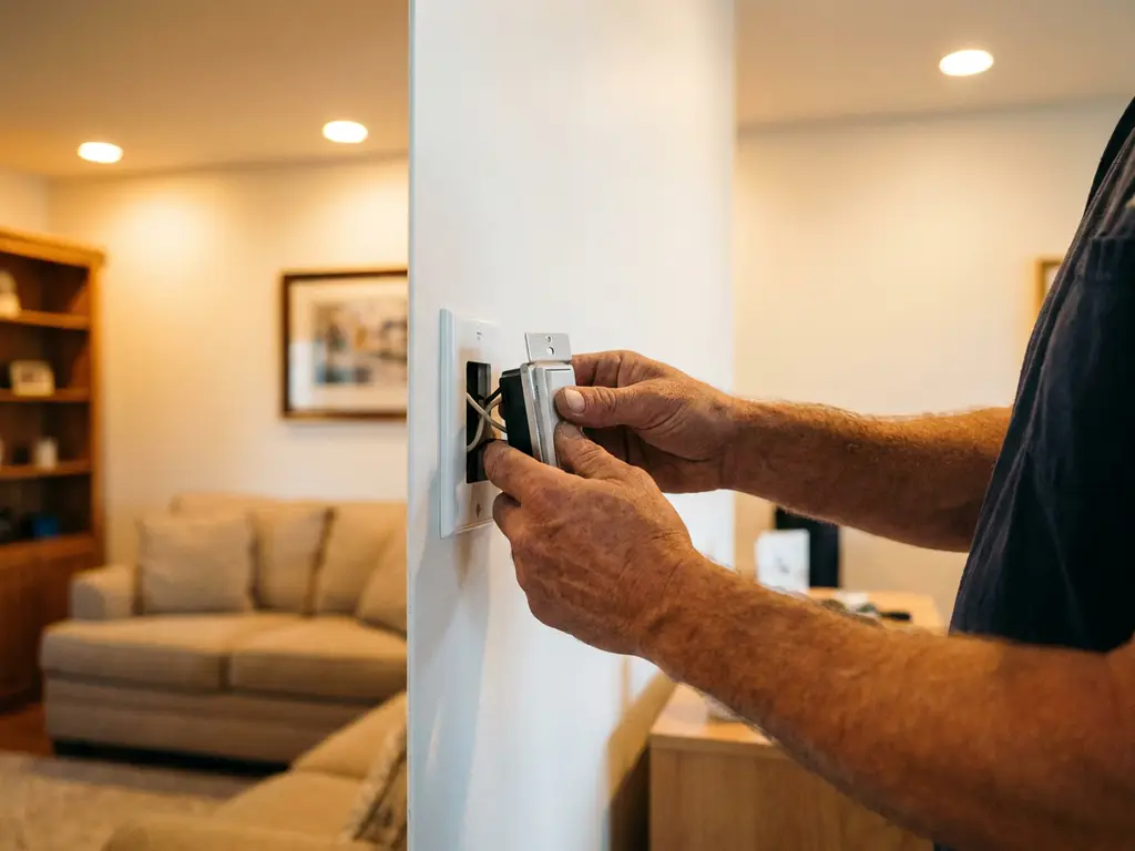 Elektricien installeert moderne dimmerschakelaar in wit wandplaat, met warm LED-licht van inbouwspots op de achtergrond.