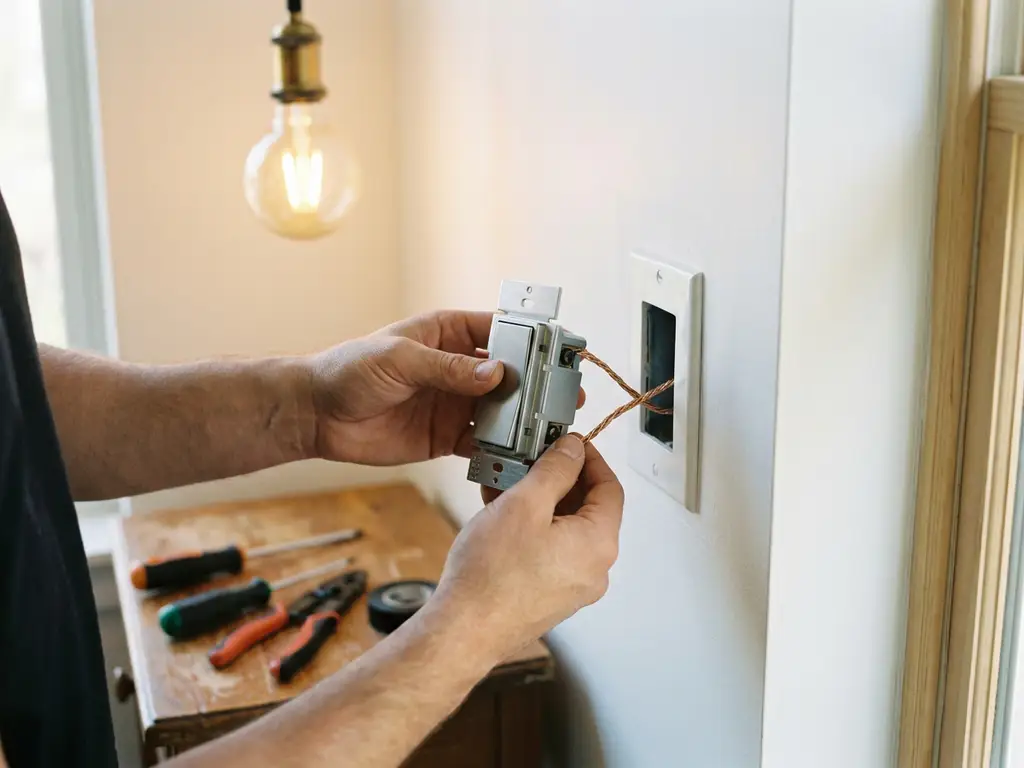 Handen die een moderne dimmerschakelaar aansluiten op koperen bedrading, wandplaat gedeeltelijk gemonteerd tegen witte muur, LED-lamp op de achtergrond.