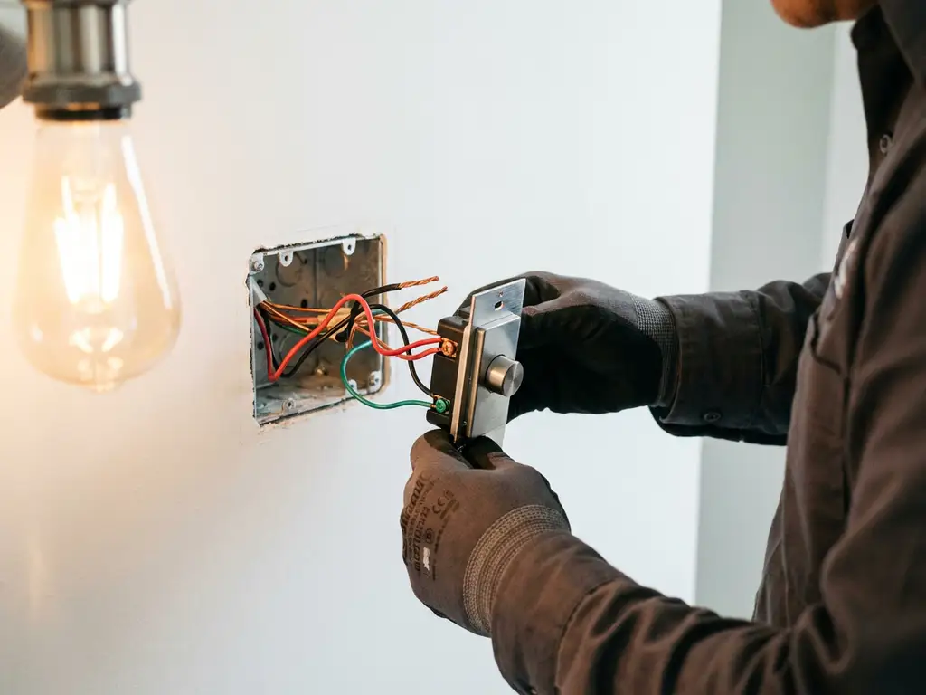 Elektricien sluit kleurgecodeerde koperen draden aan op een dimmerschakelaar in een open inbouwdoos tegen witte muur.