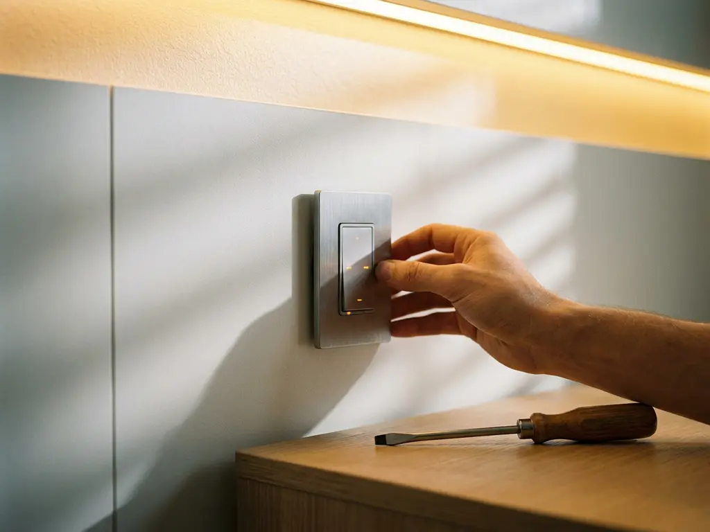 Digitale dimmer schakelaar die in een witte wandplaat wordt gemonteerd, met schroevendraaier en warm LED-licht op de achtergrond.