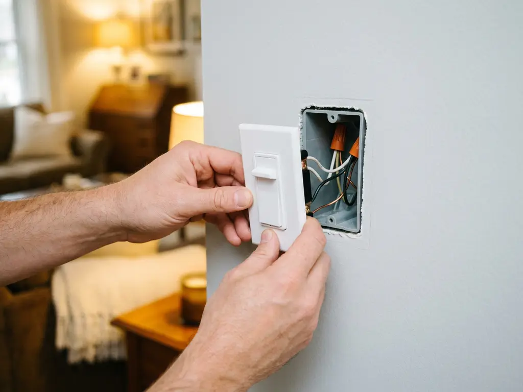Handen die een witte dimmerschakelaar installeren in een moderne wandplaat, met zichtbare bedrading in een inbouwdoos.