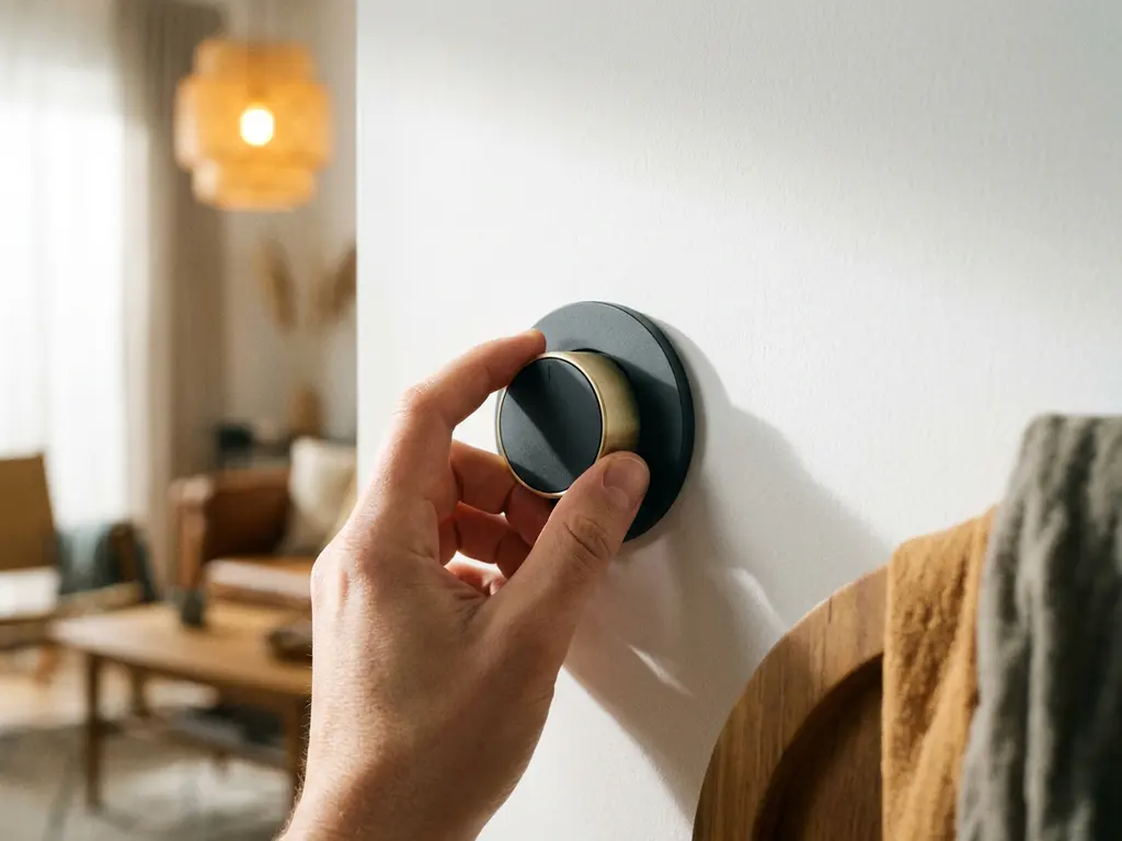 Hand die een moderne roterende dimmerschakelaar op witte muur bedient, warme gouden woonkamerlamp op de achtergrond.