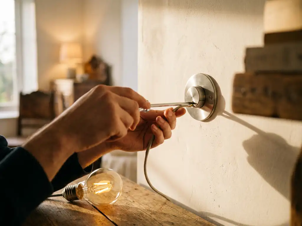 Hand die een lampkabel aansluit op een moderne dimmerschakelaar tegen witte muur, met gloeiende LED-lamp op houten ondergrond.