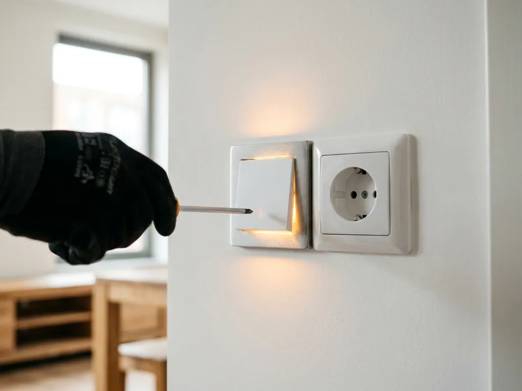 Elektriciën installeert digitale dimschakelaar naast wandcontactdoos in moderne Nederlandse woning met warm LED-licht.