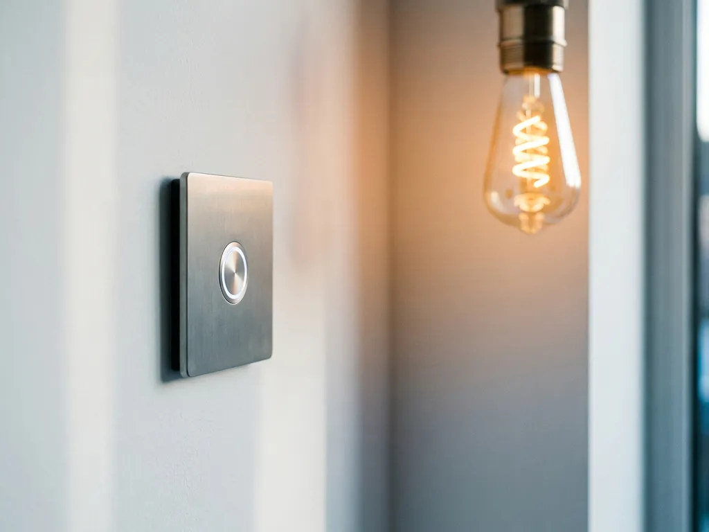 Digitale dimmerschakelaar op witte muur met verlicht bedieningswiel en Edison LED-lamp op halve helderheid op de achtergrond.