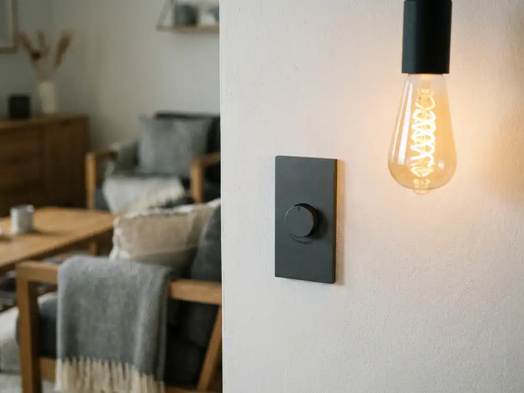 Moderne dimmerschakelaar op witte muur met zachtgloeiende LED-lamp op laag vermogen en warme amber lichtkrans.
