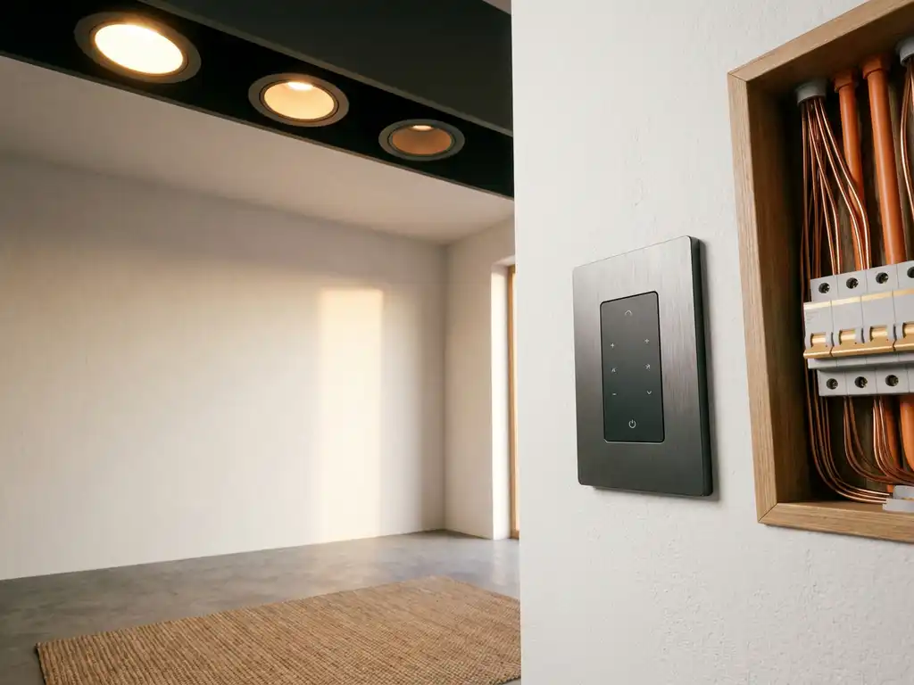 Digitale dimschakelaar op witte muur met drie inbouw-LED-spots op variërende helderheid in modern interieur.