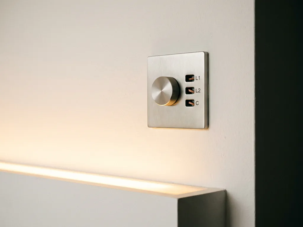 Moderne dimmerschakelaar op witte muur met drie koperen aansluitingen en zachte LED-verlichting op de achtergrond.