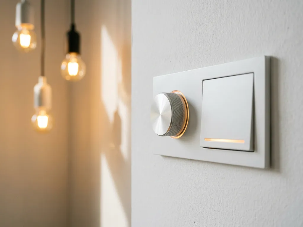 Moderne dimmer schakelaar met draaiknop en aanraakschuifregelaar op witte muur, verlicht door warm gedimd ledlicht van hanglampen.