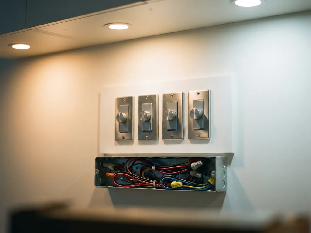 Moderne dimmerschakelaar op witte wandpaneel met zichtbare bedrading in aansluitdoos en warm licht van inbouw-LED-spots.