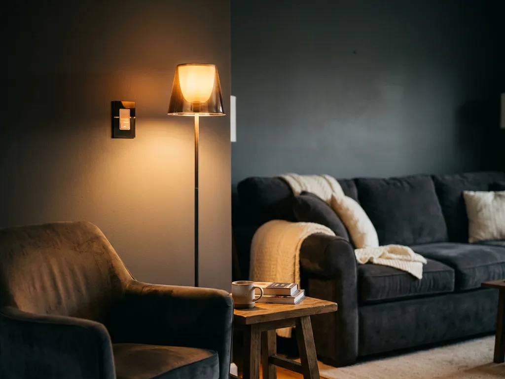 Woonkamerhoek met warme ambergloed van dimbare LED-vloerlamp naast digitale dimmerschakelaar op de muur.