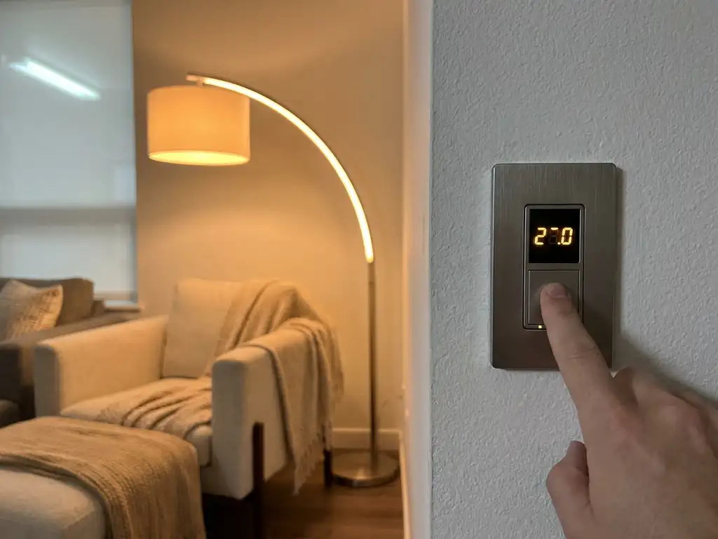 Digitale dimmerschakelaar op witte muur met op de achtergrond een LED-vloerlamp die warm amberkleurig sfeerlicht verspreidt.