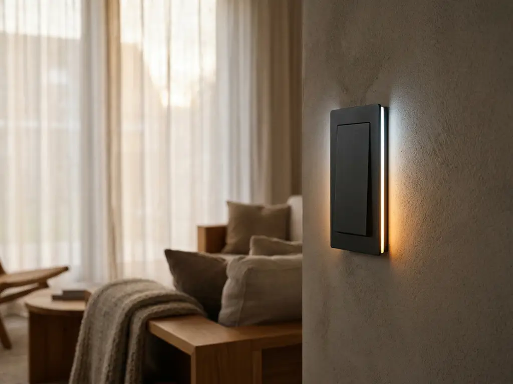 Dimmerschakelaar met LED-strip die overgang toont van koud wit naar warm amber in moderne Nederlandse woonkamer met eiken meubels.
