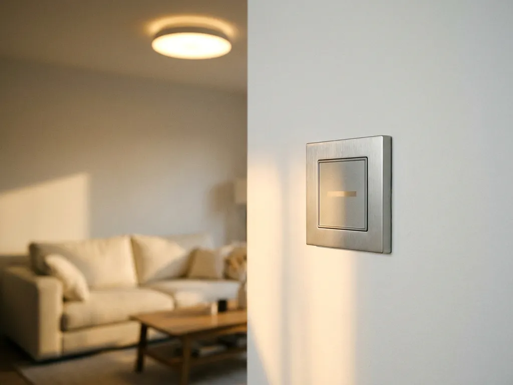Digitale dimmerschakelaar op witte muur met warm gouden licht en verlichte LED-plafondlamp op de achtergrond.