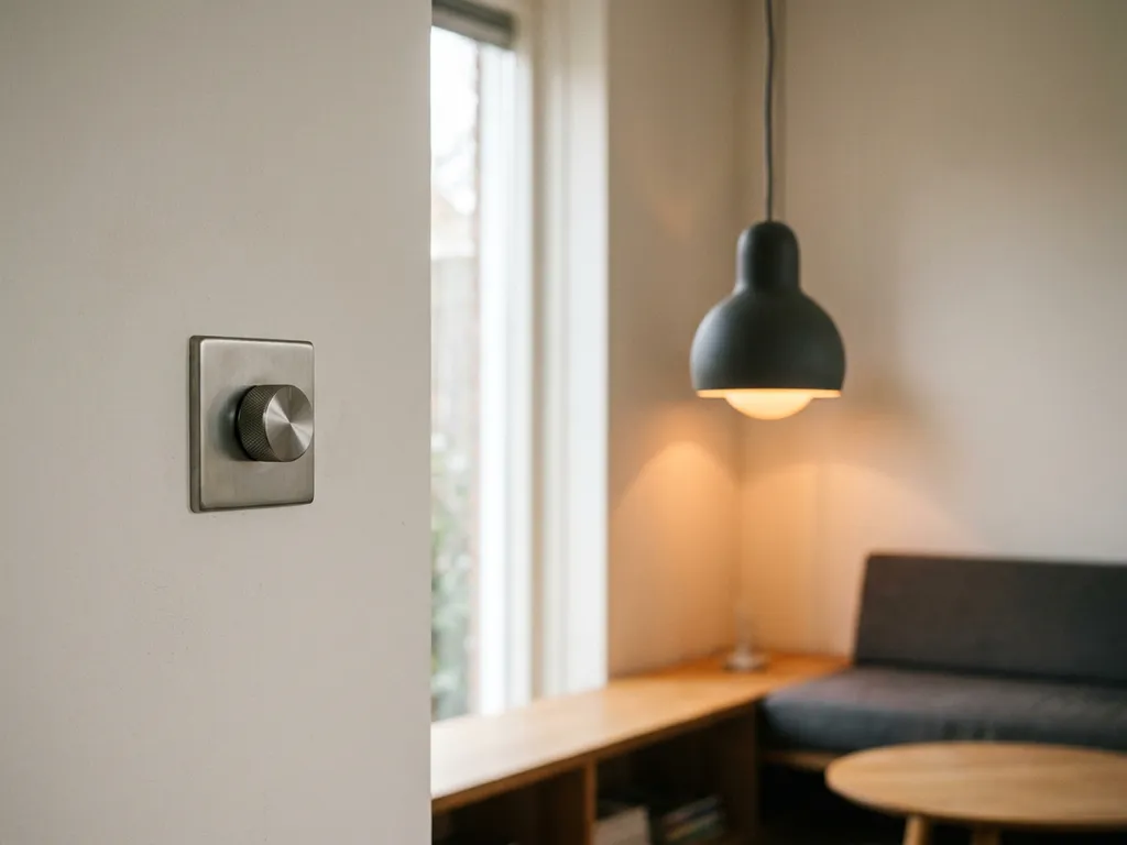 Rotary dimmer schakelaar op witte muur met warm amber gloed van hanglamp in minimalistisch Nederlands interieur.