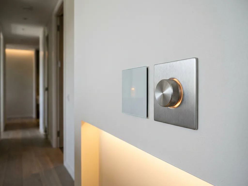 Aanraak- en draaidimmer naast elkaar op witte muur, verlicht door warm goudkleurig LED-licht in moderne hal.