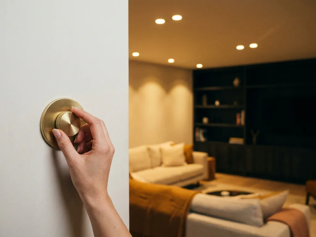 Hand die een dimmerschakelaar bedient op witte muur, met warme gouden spotverlichting in moderne woonkamer.
