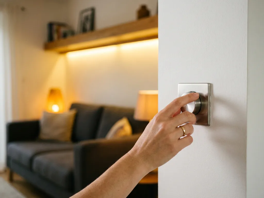 Hand die een moderne roterende dimmerschakelaar op witte muur bedient, met warm gouden LED-licht in de woonkamer op de achtergrond.
