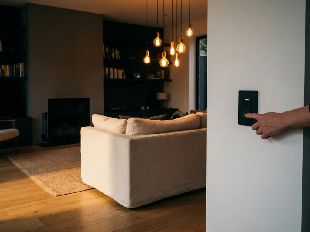 Moderne woonkamer in de schemering met dimmerschakelaar op witte muur, zachte amberkleurige hanglampen boven linnen bank en eiken vloer.