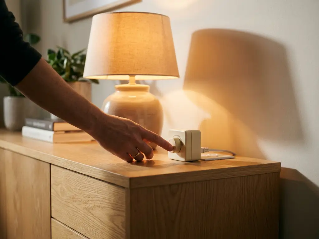 Dimmerplug in witte wandcontactdoos met sfeervol gloeiende tafellamp op modern woonkamertafelblad, hand bij stekker.
