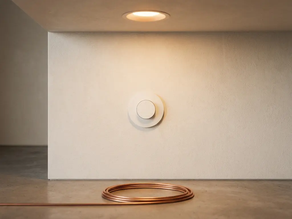 Draadloze LED-dimmer op witte muur met warm dimbaar plafondlicht en ongebruikte koperen kabel op de vloer.