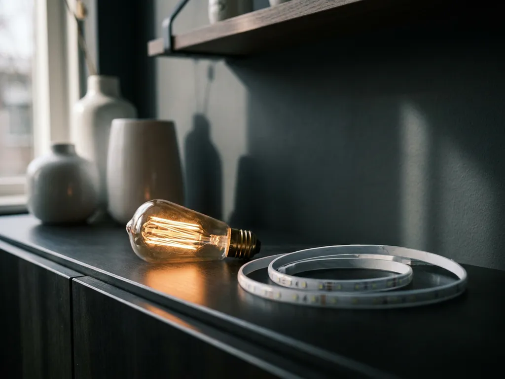 Gloeiende vintage gloeilamp met warm barnsteenlicht naast een onverlichte LED-strip op modern oppervlak in Nederlands interieur.
