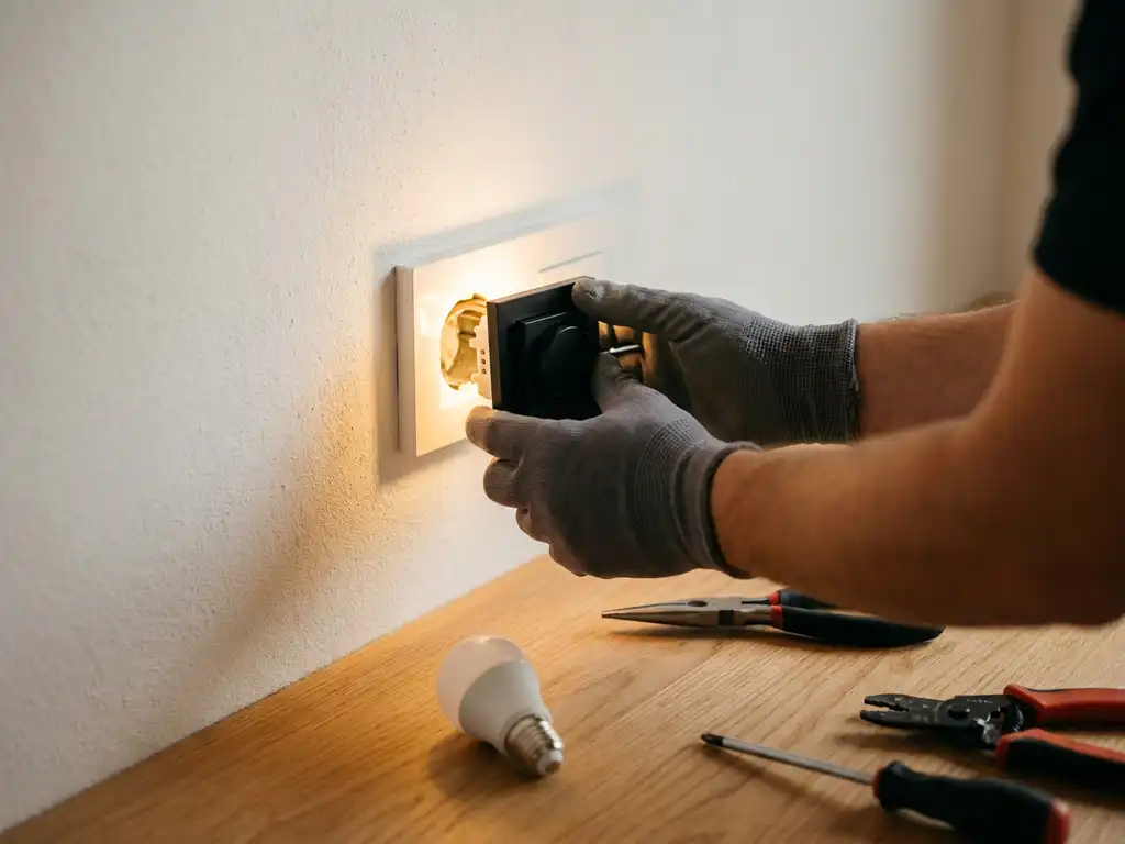 Technicus vervangt LED-dimmer module in wit wandpaneel, gereedschap en ledlamp op licht eiken ondergrond.
