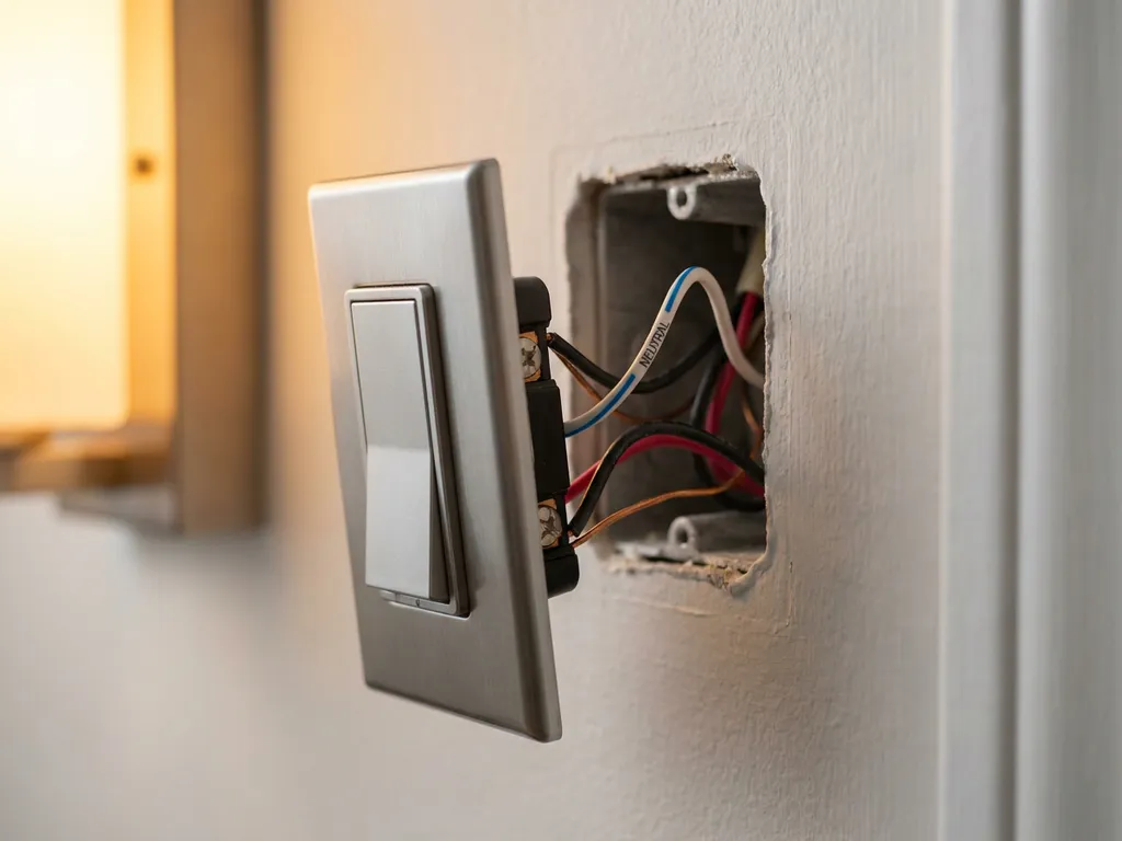 LED dimmerschakelaar op witte muur met zichtbare bedrading in de installatieruimte, inclusief neutrale geleider, warm ledlicht op achtergrond.