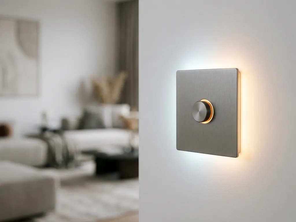 LED dimmerschakelaar op witte muur met warm amberkleurig licht en zachte LED-strip gradiënten in moderne woonkamer.