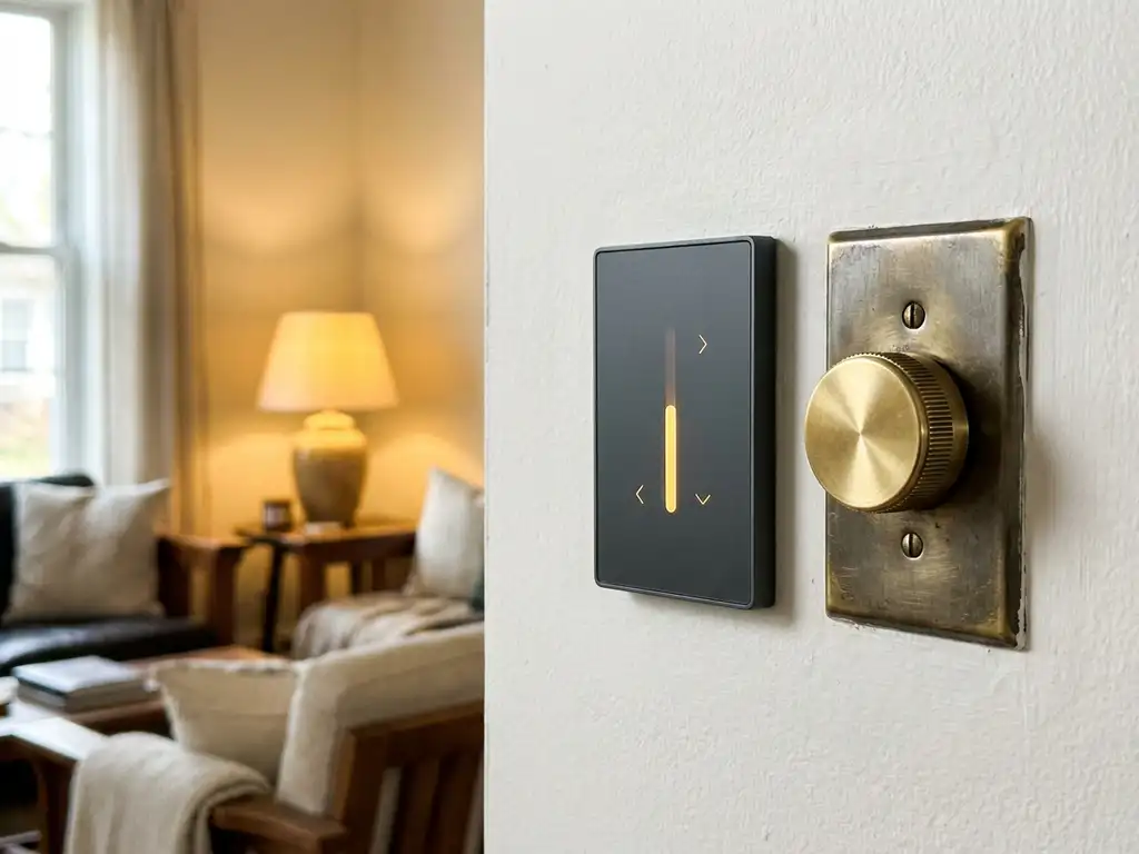 Digitale LED-dimmerschakelaar naast traditionele draaiknop op witte muur, met warm gouden woonkamerlicht op de achtergrond.