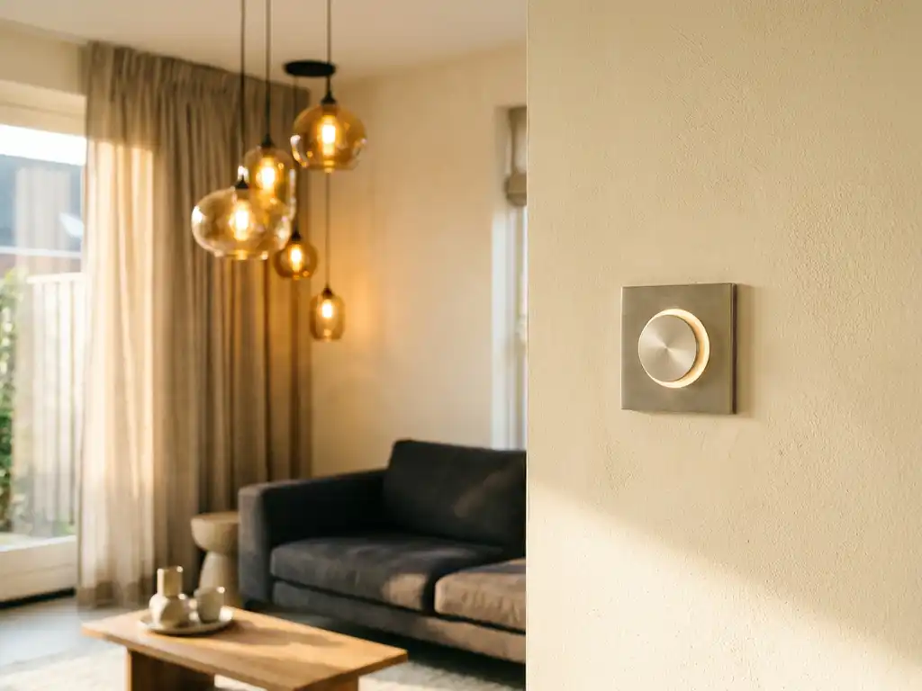 Wandmontierte LED-dimmer met gloeiende warmwitte knop in moderne Nederlandse woonkamer met gedimde hanglampen.