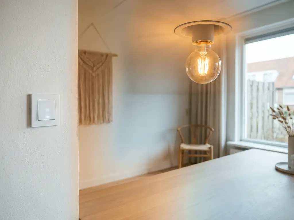 Dimbare LED-lamp op warme amber intensiteit in modern plafondarmatuur, met digitale dimmer op witte muur in minimalistisch interieur.
