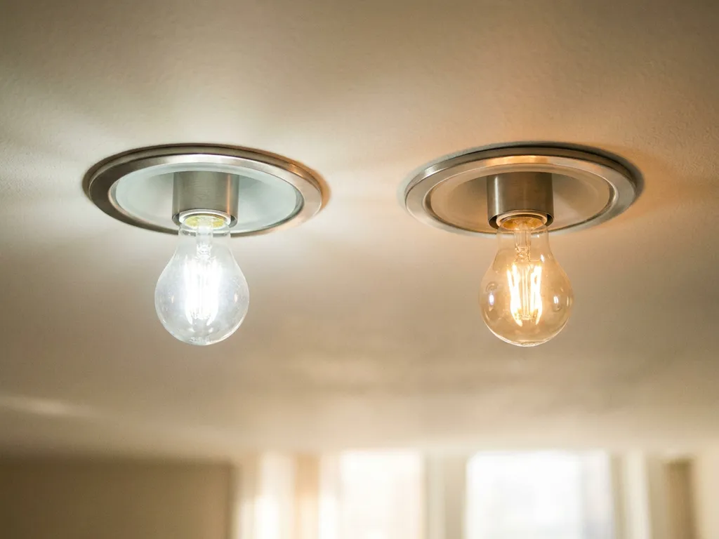 Twee identieke LED-lampen in plafondarmaturen, één helder wit brandend en één gedimd tot een warm amber gloed.