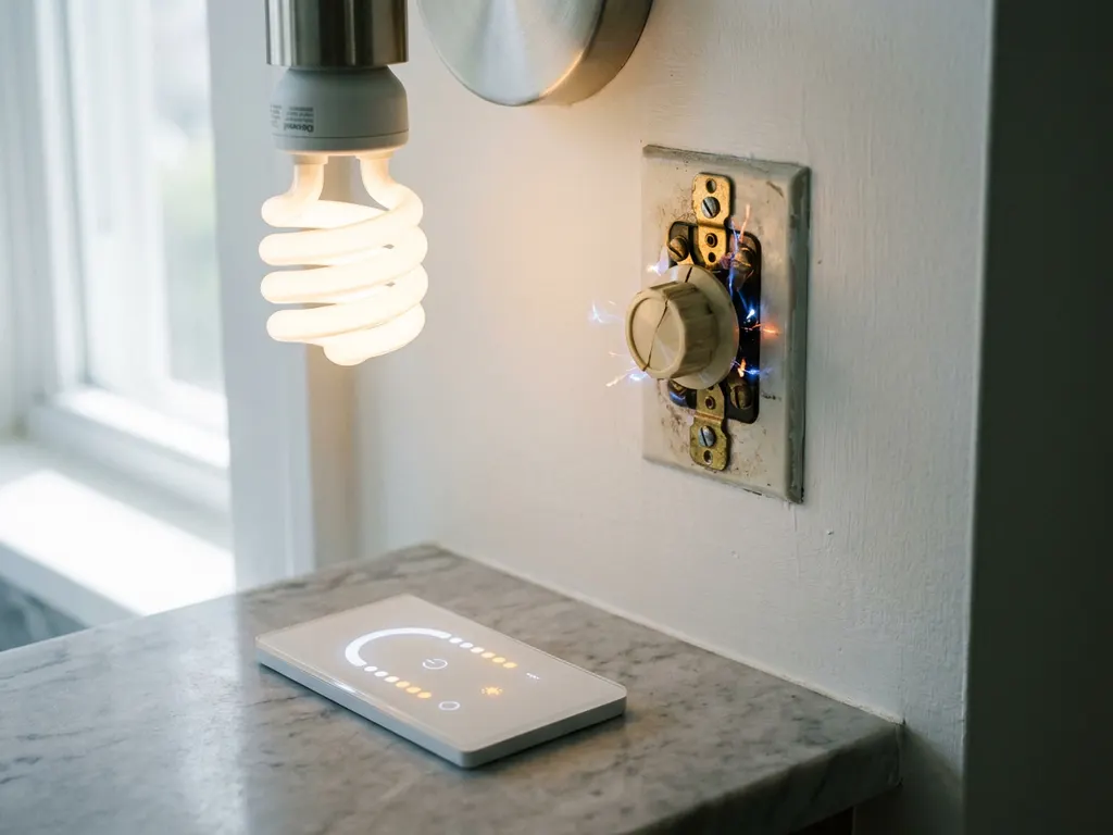 Gloeiende LED-lamp naast een verouderde draaidimsschakelaar met vonken, en een moderne LED-dimmer op marmeren ondergrond.