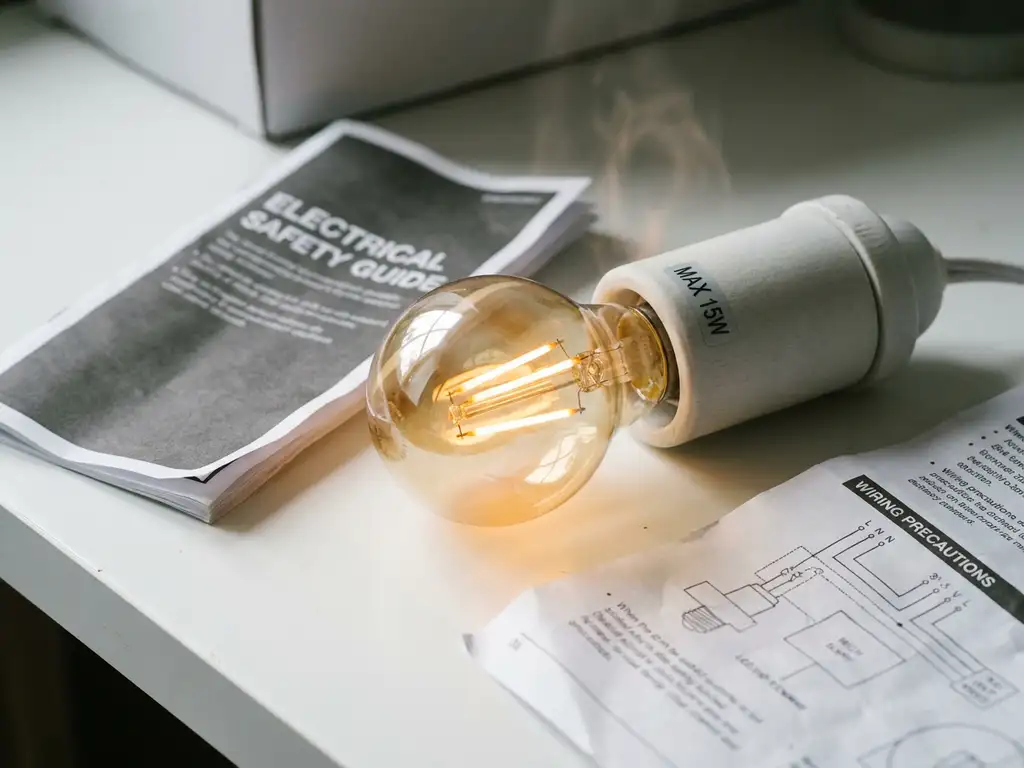 LED-lamp met gloeiend warm filament in keramische fitting op witte werkbank, omgeven door elektrische veiligheidsdocumentatie.