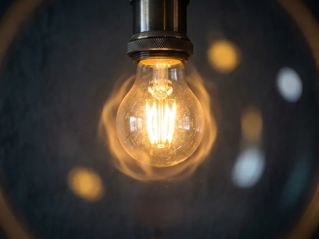 Dimbare LED-lamp met warm amber gloed en zichtbare flikkering in plafondfitting, close-up op donkere achtergrond.