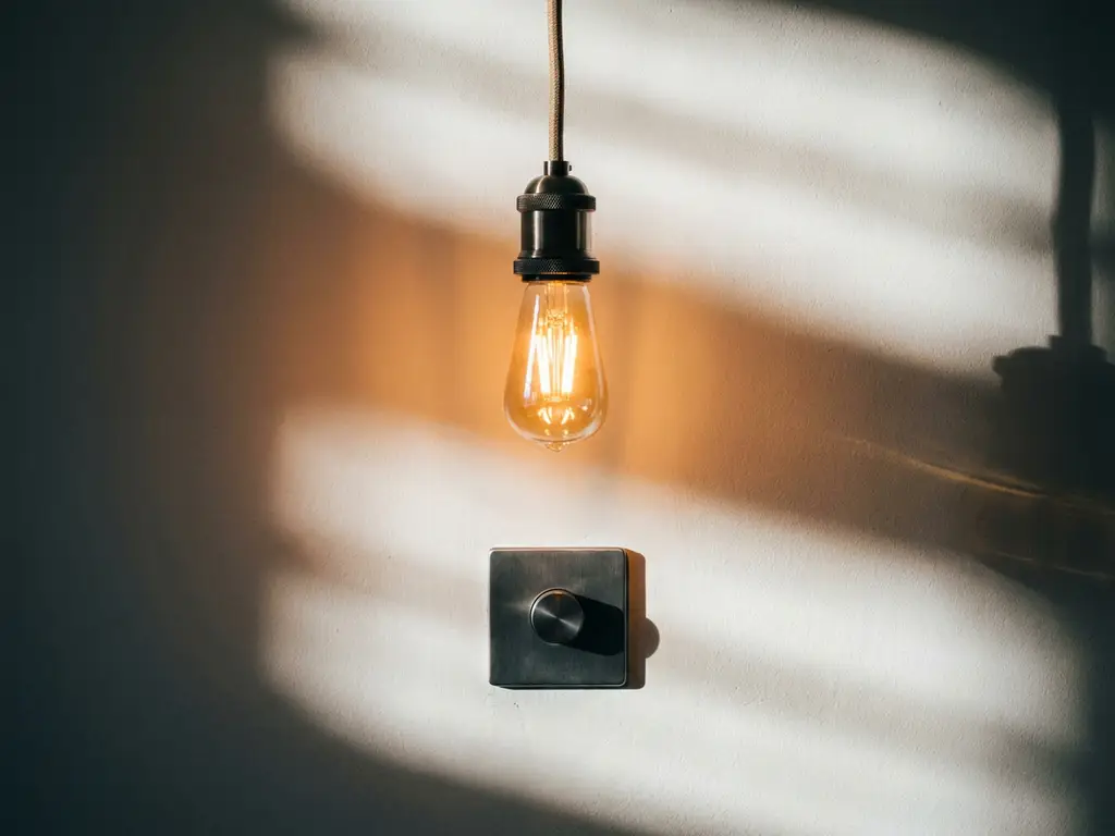 LED-lamp die flikkert boven moderne dimmer op witte muur, warme amber lichtpulsen zichtbaar door dramatische zijverlichting.