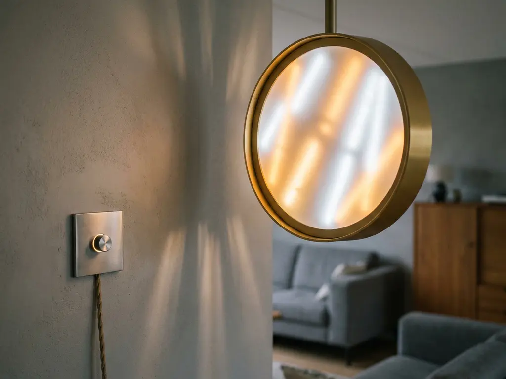 Flikkerende LED-plafondlamp verbonden met een wanddimmer in een modern Nederlands interieur, zichtbare elektrische incompatibiliteit.